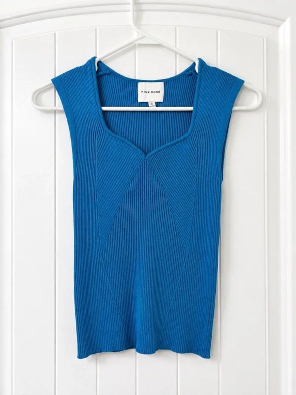Pink Rose Blue Ribbed Knit Sweetheart Neck Tank Top Women’s Small Y2K